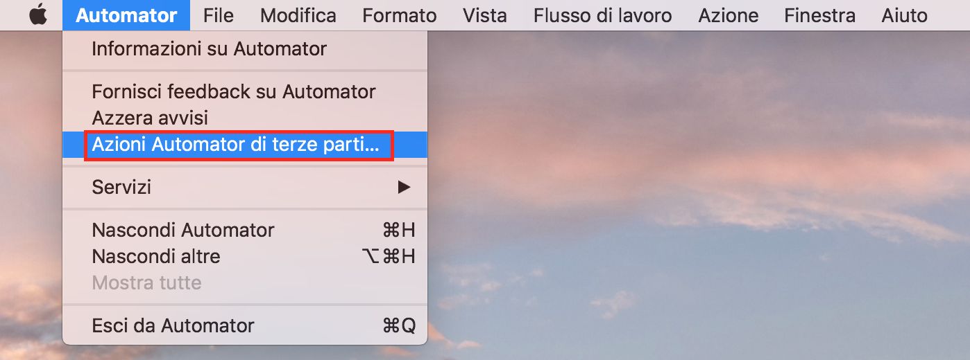 Finestra di dialogo Azioni di automator di terze parti
