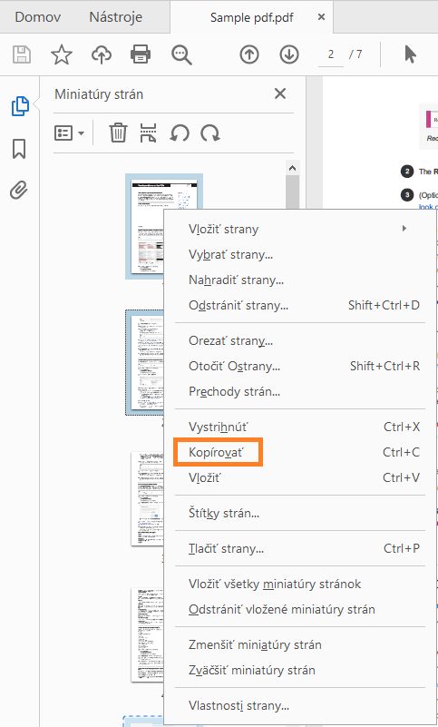 Kliknite pravým tlačidlom a skopírujte príslušnú stranu