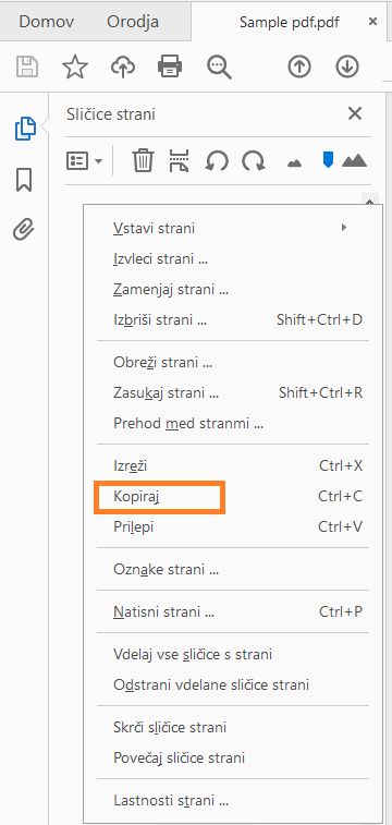 Kliknite z desno tipko miške in kopirajte stran.