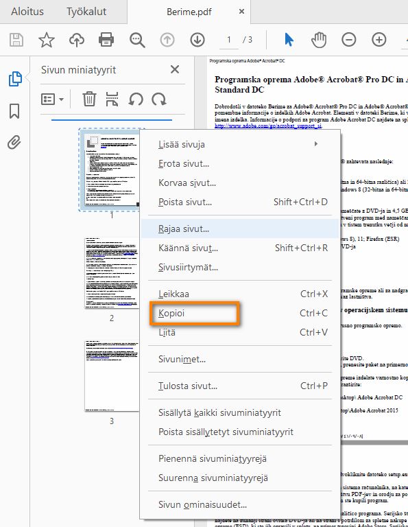 Napsauta hiiren kakkospainiketta ja kopioi sivu
