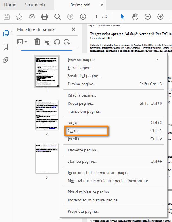 Fare clic con il pulsante destro del mouse e copiare la pagina