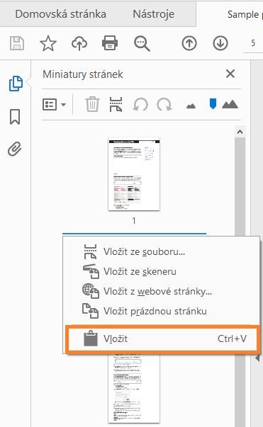 Kliknutí pravým tlačítkem myši a vložení stránky