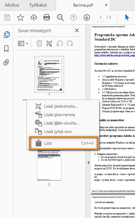 Napsauta hiiren kakkospainiketta ja liitä sivu