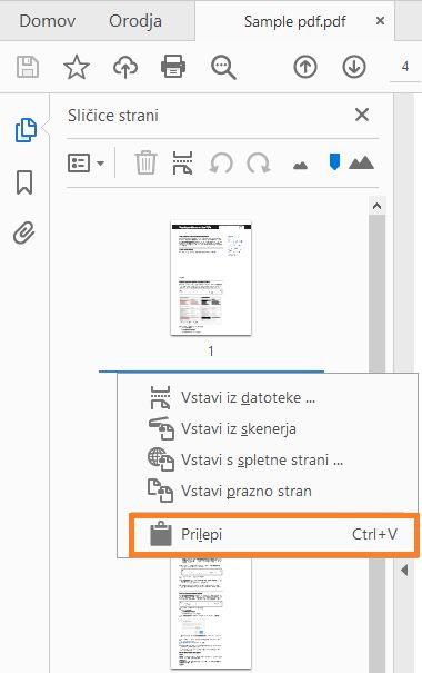 Kliknite z desno tipko miške in prilepite stran