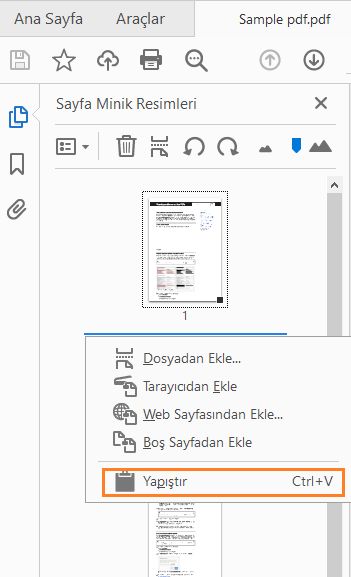 Sağ tıklatın ve sayfayı yapıştırın