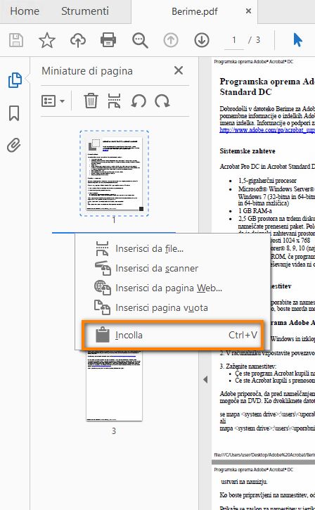 Fare clic con il pulsante destro del mouse e incollare la pagina