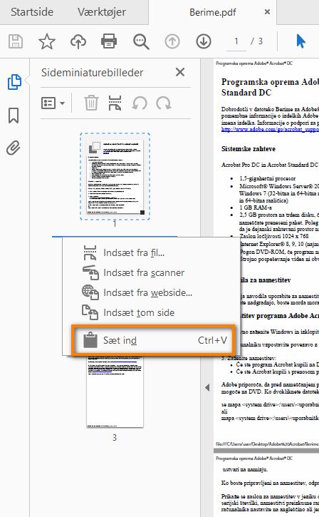 Højreklik, og indsæt siden