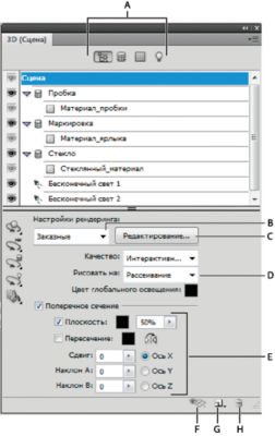 Photoshop: панель «3D» с параметрами группы «Сцена»
