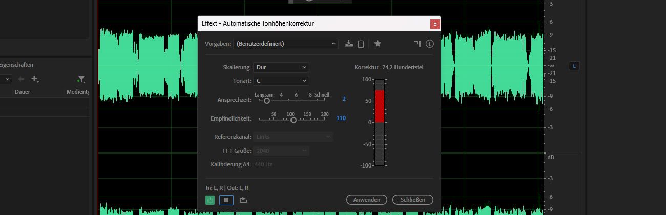 Das Dialogfeld des automatischen Tonhöhenkorrektureffekts zeigt Optionen zum Festlegen der Tonart und Tonleiter, Anpassen der Neuabstimmungsgeschwindigkeit und Steuerung der Korrekturgenauigkeit für das automatische Stimmen von Gesang oder Instrumenten.