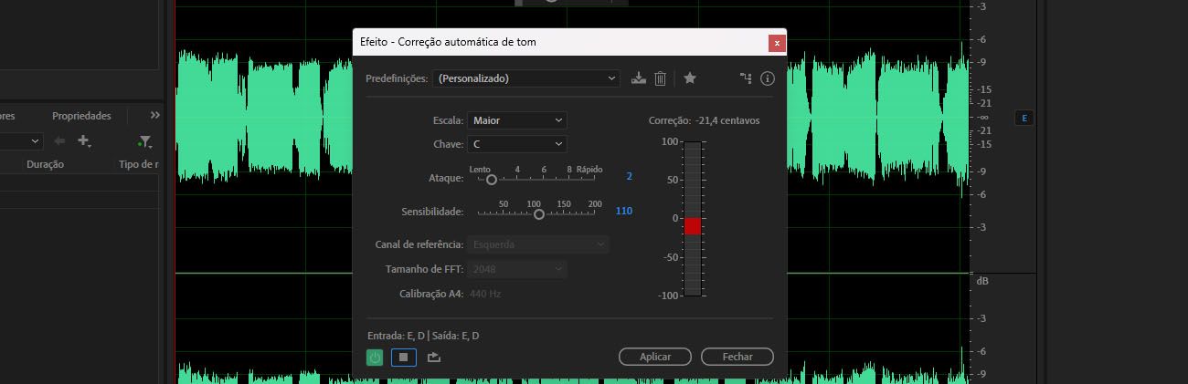 A caixa de diálogo do efeito Correção automática de tom mostra opções para definir a tonalidade e escala, ajustar a velocidade de afinação e controlar a precisão da correção para afinar automaticamente vocais ou instrumentos.