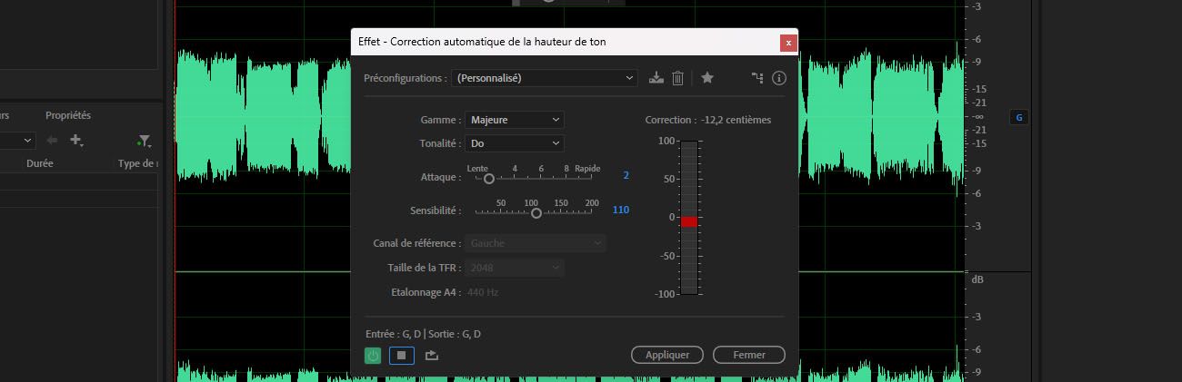 La boîte de dialogue de l'effet Correction automatique de la hauteur affiche des options pour définir la tonalité et la gamme, ajuster la vitesse de réaccordage et contrôler la précision de correction pour accorder automatiquement les voix ou les instruments.