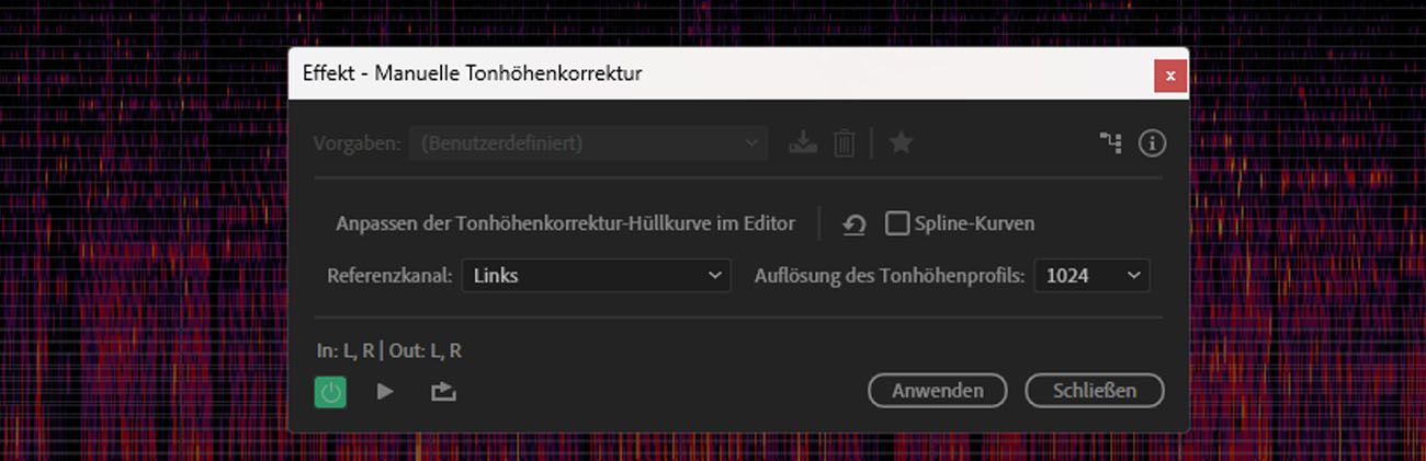 Das Dialogfeld des Effekts „Manuelle Tonhöhenkorrektur“ zeigt Steuerungen zur Auswahl der Tonart und Tonleiter Ihres Audios, zum Anpassen der Geschwindigkeit und Stärke der Tonhöhenkorrektur und mehr.