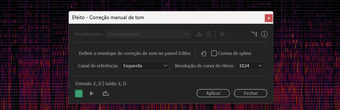 A caixa de diálogo do efeito Correção manual de tom mostra controles para selecionar a tonalidade e escala do áudio, ajustar a velocidade e quantidade de correção de tom, entre outros.