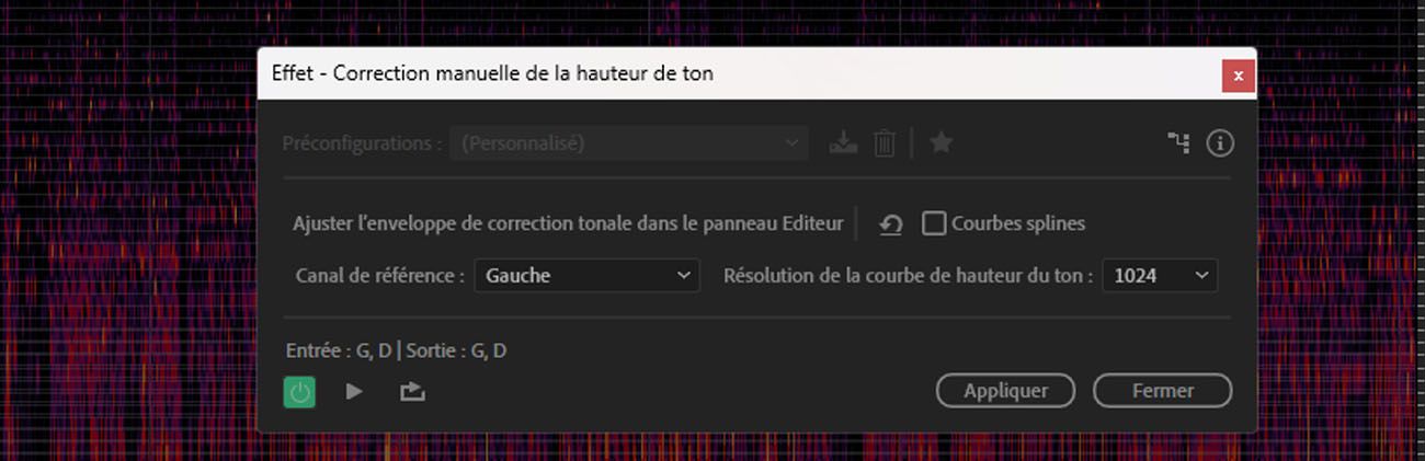 La boîte de dialogue de l’effet Correction manuelle de la hauteur de ton affiche des contrôles pour sélectionner la tonalité et la gamme de votre audio, ajuster la vitesse et l'ampleur de la correction de hauteur, et plus encore.