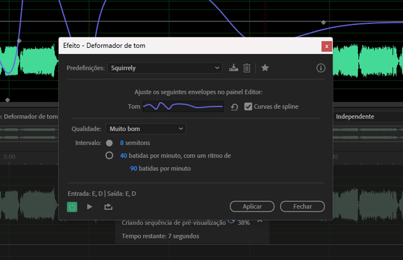 A caixa de diálogo do efeito Deformador de tom mostra controles para criar varreduras e curvas de tom ao longo do tempo, permitindo definir o tom inicial e final, entre outros.