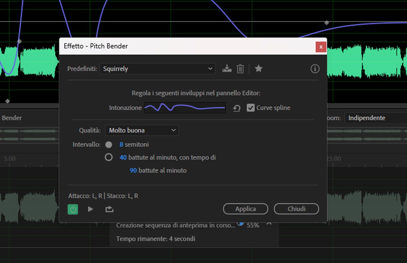 La finestra di dialogo dell'effetto Pitch Bender mostra i controlli per creare sweep e curvature dell'intonazione nel tempo, permettendoti di impostare l'intonazione iniziale e finale e altro ancora.