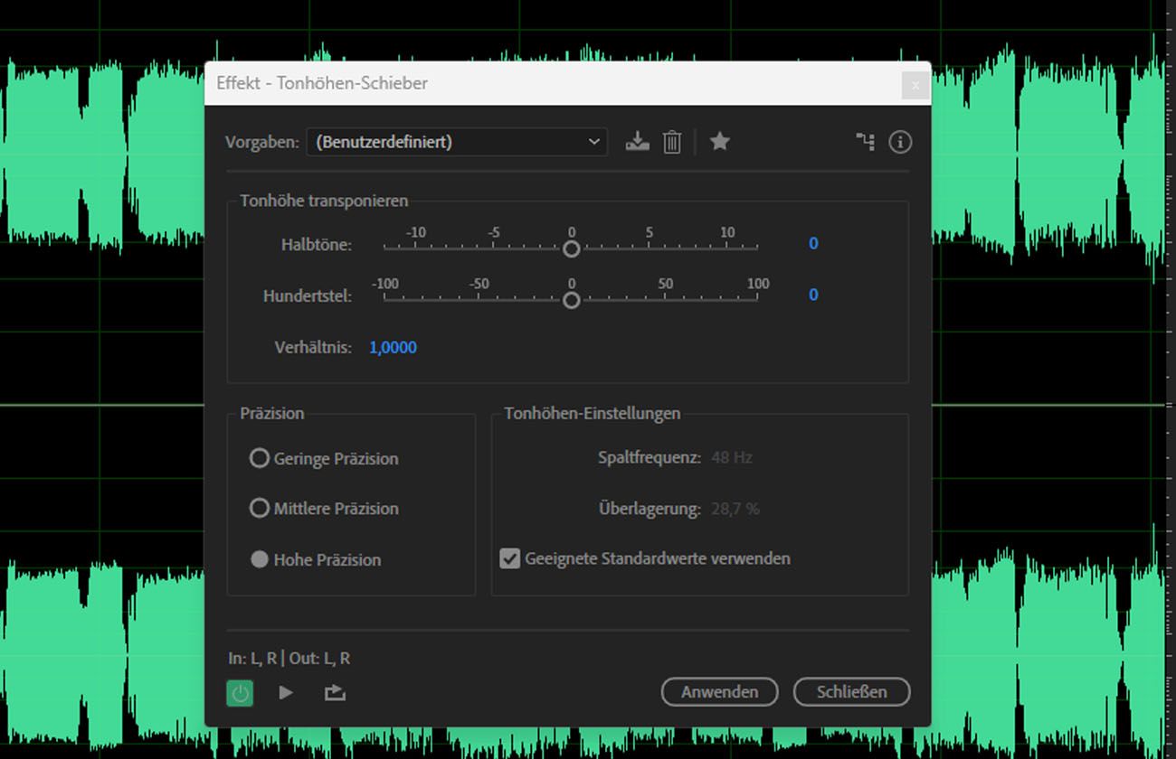Das Dialogfeld für den Pitch-Shifter-Effekt zeigt Steuerungen zum Verschieben der Tonhöhe von Audio um ein bestimmtes Intervall nach oben oder unten.