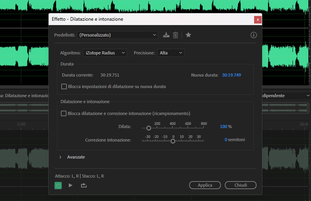 La finestra di dialogo dell'effetto Allungamento e tonalità mostra i controlli per regolare indipendentemente la lunghezza (tempo) e la tonalità di una clip audio, selezionare l'algoritmo di allungamento, preservare i formanti e visualizzare le modifiche in tempo reale.