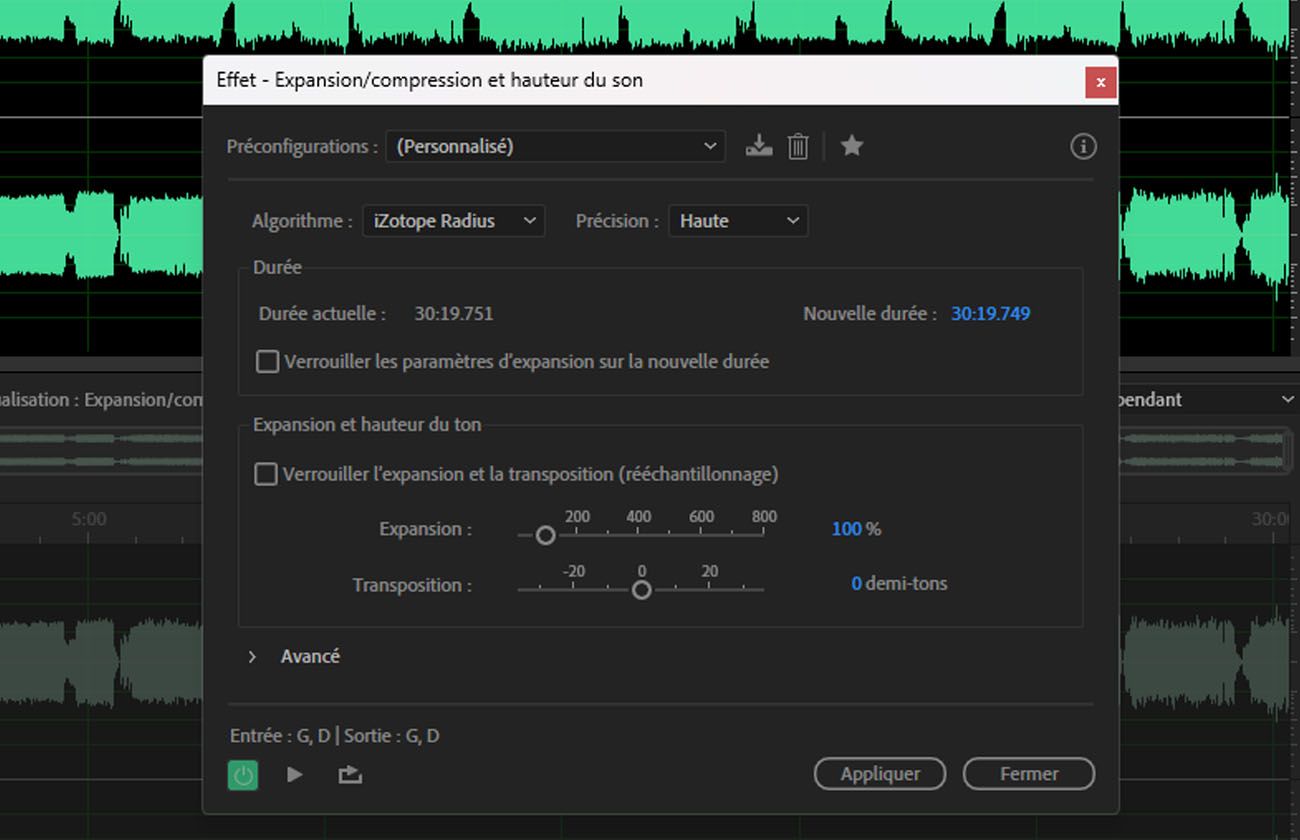 La boîte de dialogue de l'effet Étirement et hauteur affiche des contrôles pour ajuster indépendamment la longueur (temps) et la hauteur d'un clip audio, sélectionner l'algorithme d'étirement, préserver les formants et prévisualiser les modifications en temps réel.