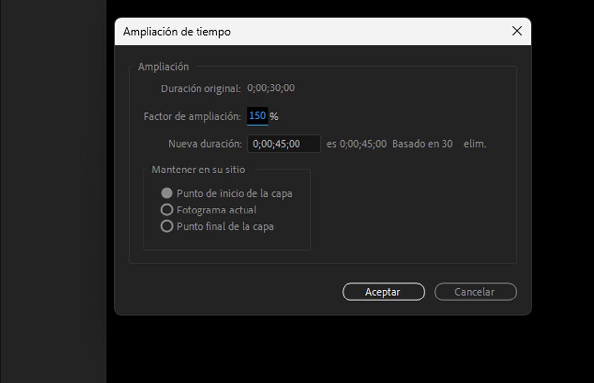 Se abre un cuadro de diálogo llamado Ampliación de tiempo, con la duración original de la capa actual listada y opciones como Factor de ampliación, Nueva duración y Opciones afectadas para ampliar el tiempo.