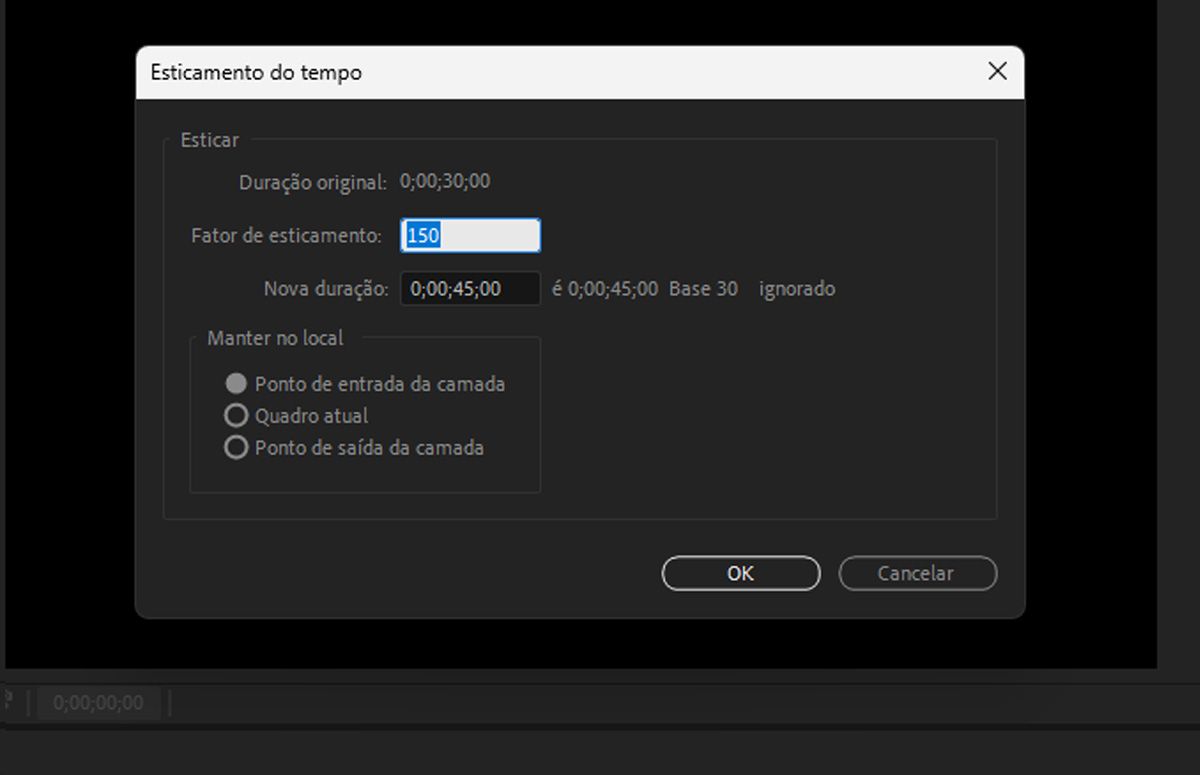 Uma caixa de diálogo chamada “Esticamento de tempo” será aberta, contendo a duração original da camada atual listada e opções como “Fator de esticamento”, “Nova duração” e “Opções afetadas” para esticar o tempo.