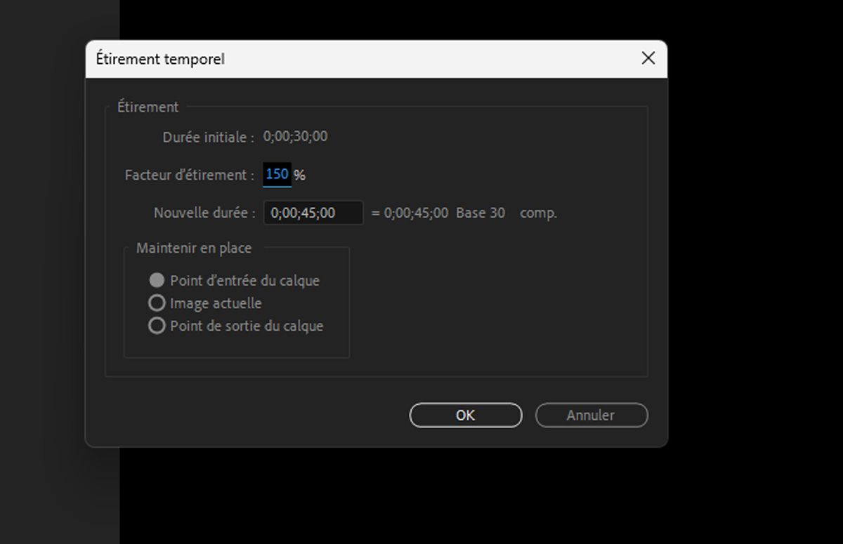 Une boîte de dialogue appelée Extension temporelle s’affiche, avec la Durée d’origine du calque en cours, ainsi que des options telles que Facteur d’étirement, Nouvelle durée et Options affectées pour étirer le temps.