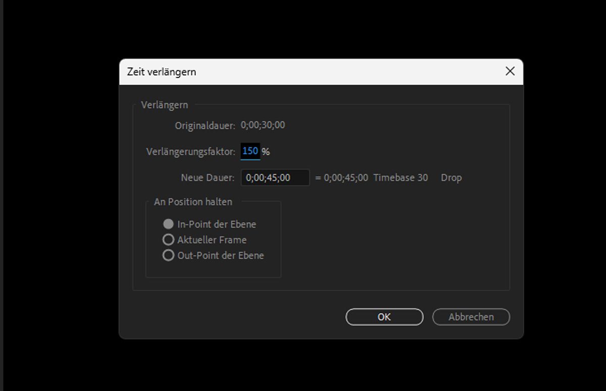 Ein Dialogfeld namens „Zeitdehnung“ ist geöffnet, und es enthält die Liste der Originaldauer der aktuellen Ebene sowie Optionen wie „Dehnungsfaktor“, „Neue Dauer“ und „Beeinflusste Optionen“, um die Zeit zu dehnen.