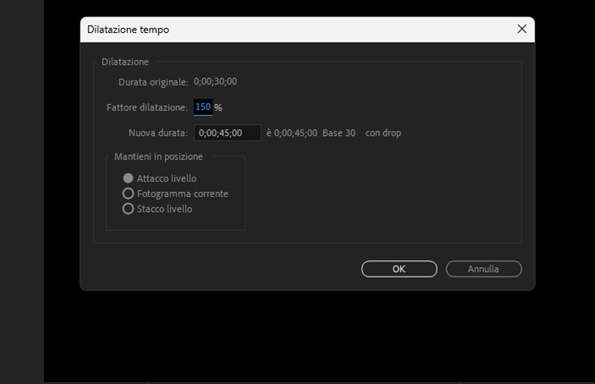Viene visualizzata una finestra di dialogo denominata Dilatazione tempo, con l’elenco della durata originale del livello corrente e delle opzioni quali Fattore di dilatazione, Nuova durata e Opzioni interessate per dilatare il tempo.