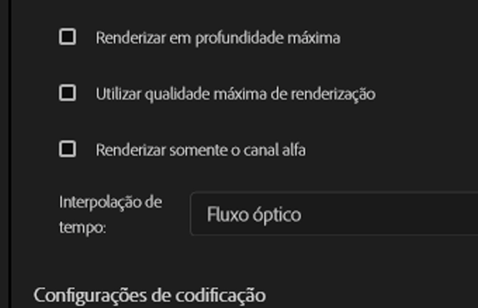 As configurações de interpolação de tempo são exibidas para alterar a taxa de quadros do arquivo exportado, usando o fluxo óptico para interpolar os quadros ausentes. 
