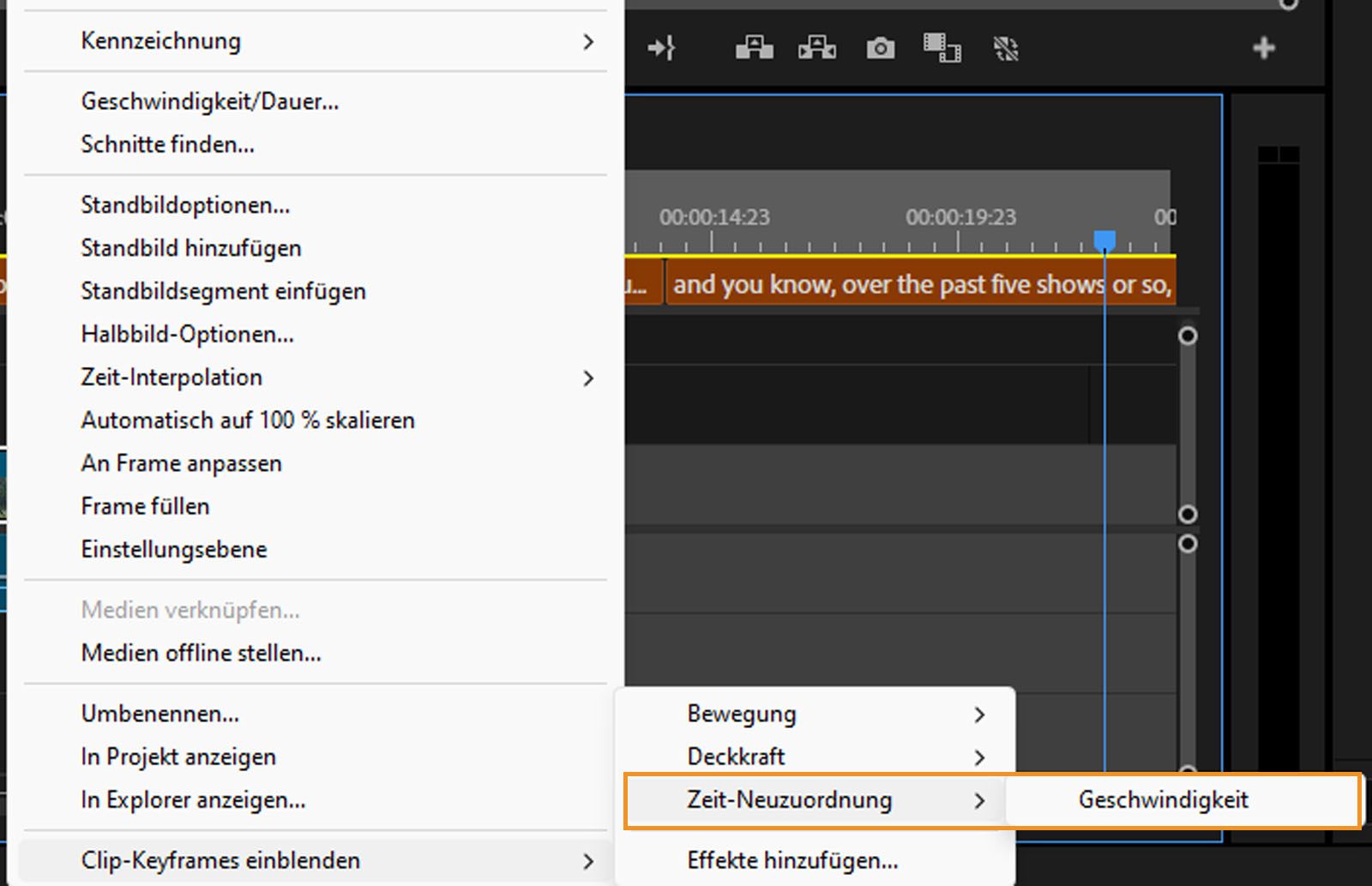 Die Optionen „Zeit-Neuzuordnung“ und „Geschwindigkeit“ sind hervorgehoben. Wähle „Geschwindigkeit“, um die Geschwindigkeit eines Video-Clips zu ändern. 
