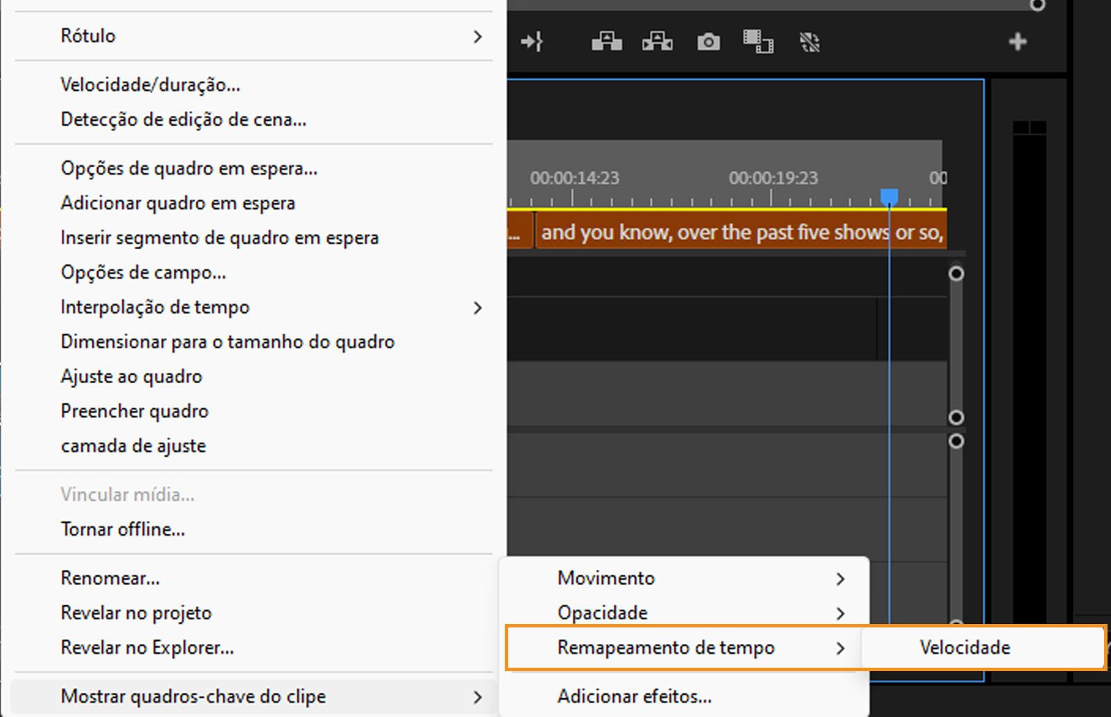 O remapeamento de tempo e as opções de velocidade são realçados. Selecione “Velocidade” para alterar a velocidade de um clipe de vídeo. 