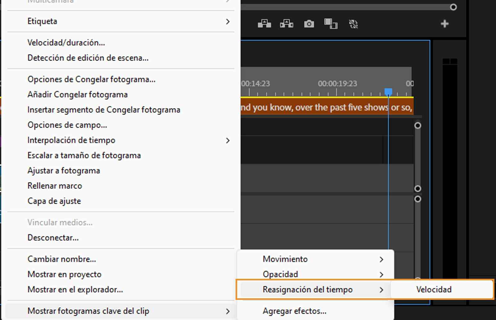 Las opciones de reasignación de tiempo y velocidad están resaltadas. Seleccione Velocidad para cambiar la velocidad de un clip de vídeo. 