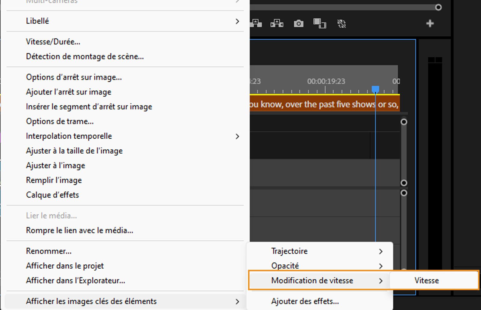 Les options Remappage temporel et Vitesse sont mises en évidence. Sélectionnez Vitesse pour modifier la vitesse d’un clip vidéo. 