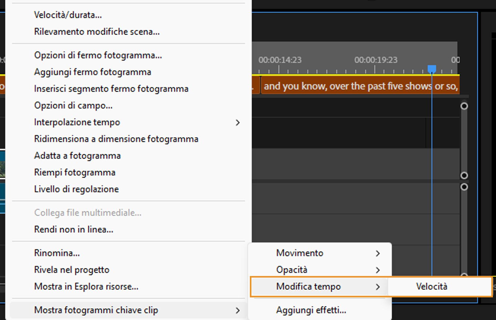 Sono evidenziate le opzioni di Modifica tempo e Velocità. Seleziona Velocità per modificare la velocità di una clip video. 