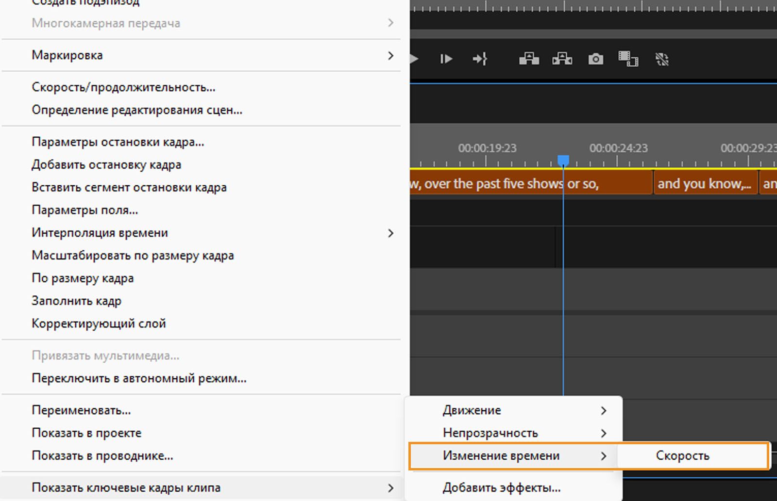 Подсвечиваются параметры переназначения времени и скорости. Выберите «Скорость» для изменения скорости видеоклипа. 