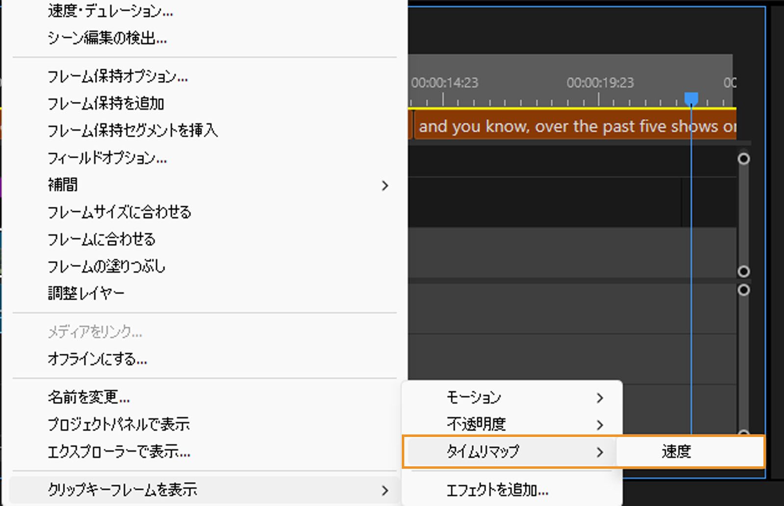 タイムリマップと速度のオプションがハイライト表示されます。ビデオクリップの速度を変更するには、「速度」を選択します。 