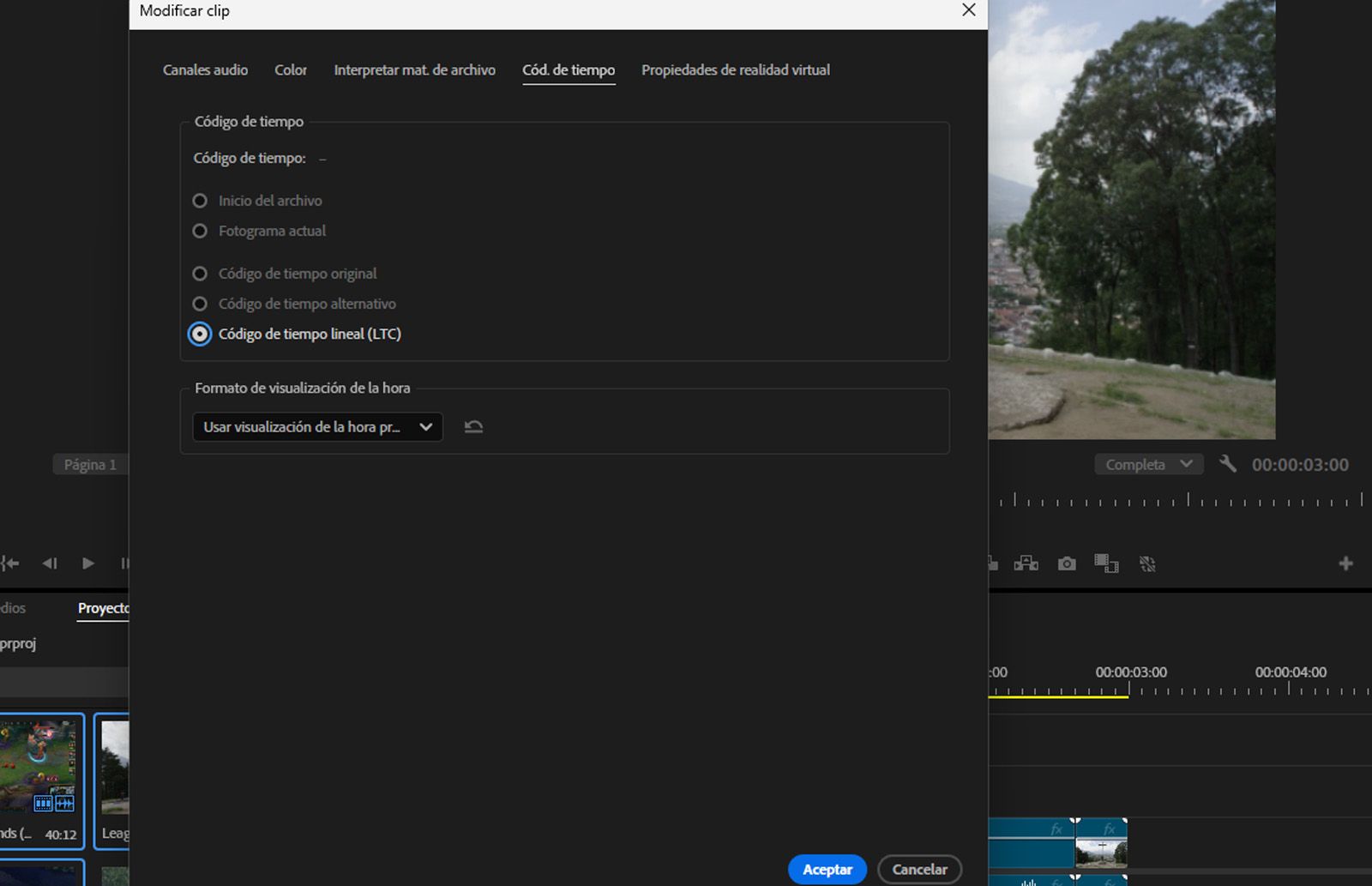 El cuadro de diálogo Modificar clip está abierto y la opción Código de tiempo lineal (CRT) está seleccionada.