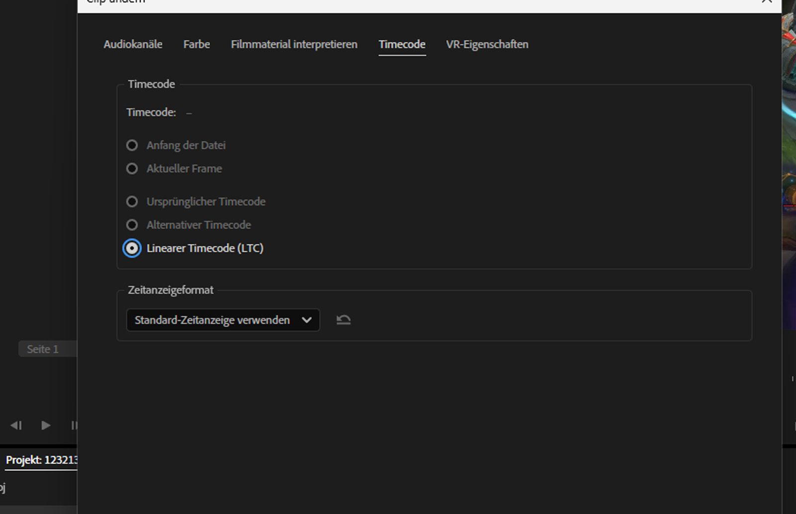 Das Dialogfeld „Clip ändern“ ist geöffnet und die Option „Linearer Timecode (LTC)“ ist ausgewählt.