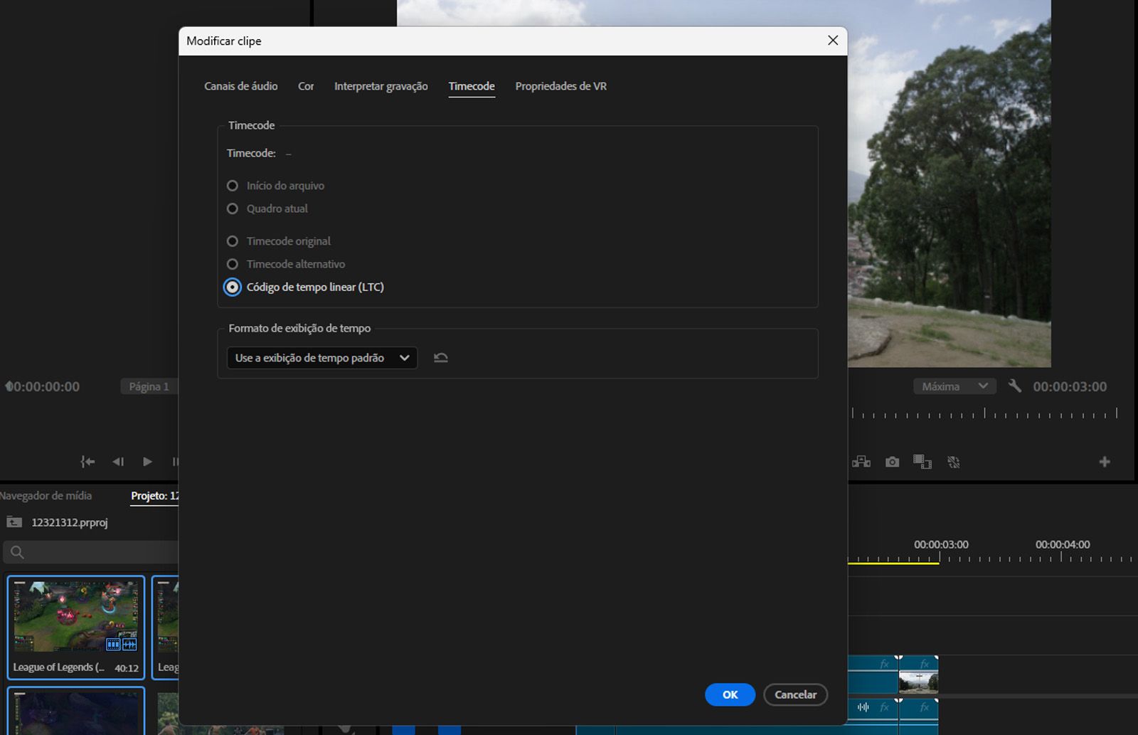 A caixa de diálogo Modificar clipe aberta e a opção Timecode linear (LTC) selecionada.