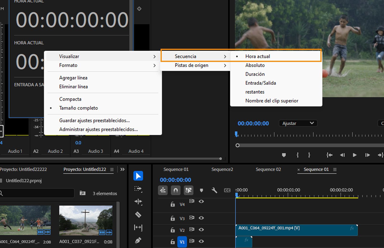 El panel de Código de tiempo se abre y muestra varias opciones y se selecciona el comando Hora actual. 