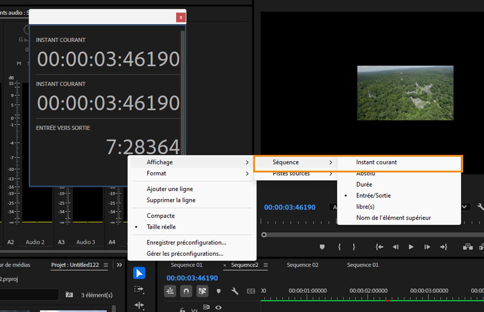 Le panneau Code temporel est ouvert et affiche plusieurs options, avec la commande Instant présent sélectionnée. 