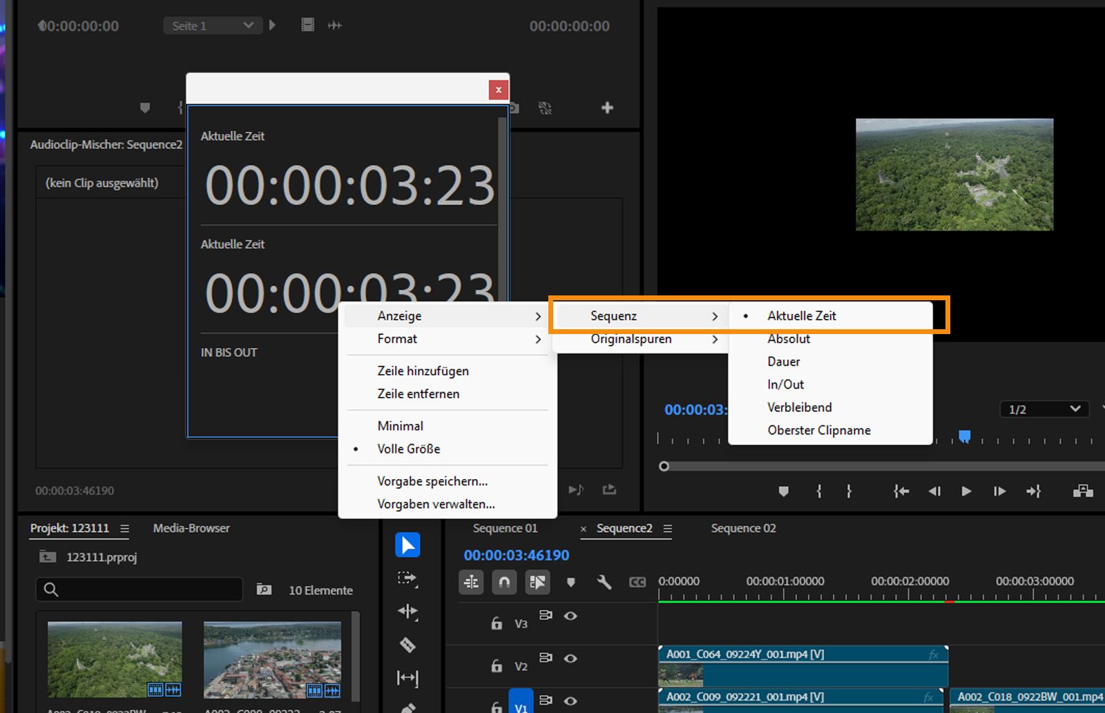 Das Bedienfeld „Timecode“ ist geöffnet, zeigt mehrere Optionen an und der Befehl „Aktuelle Zeit“ ist ausgewählt. 