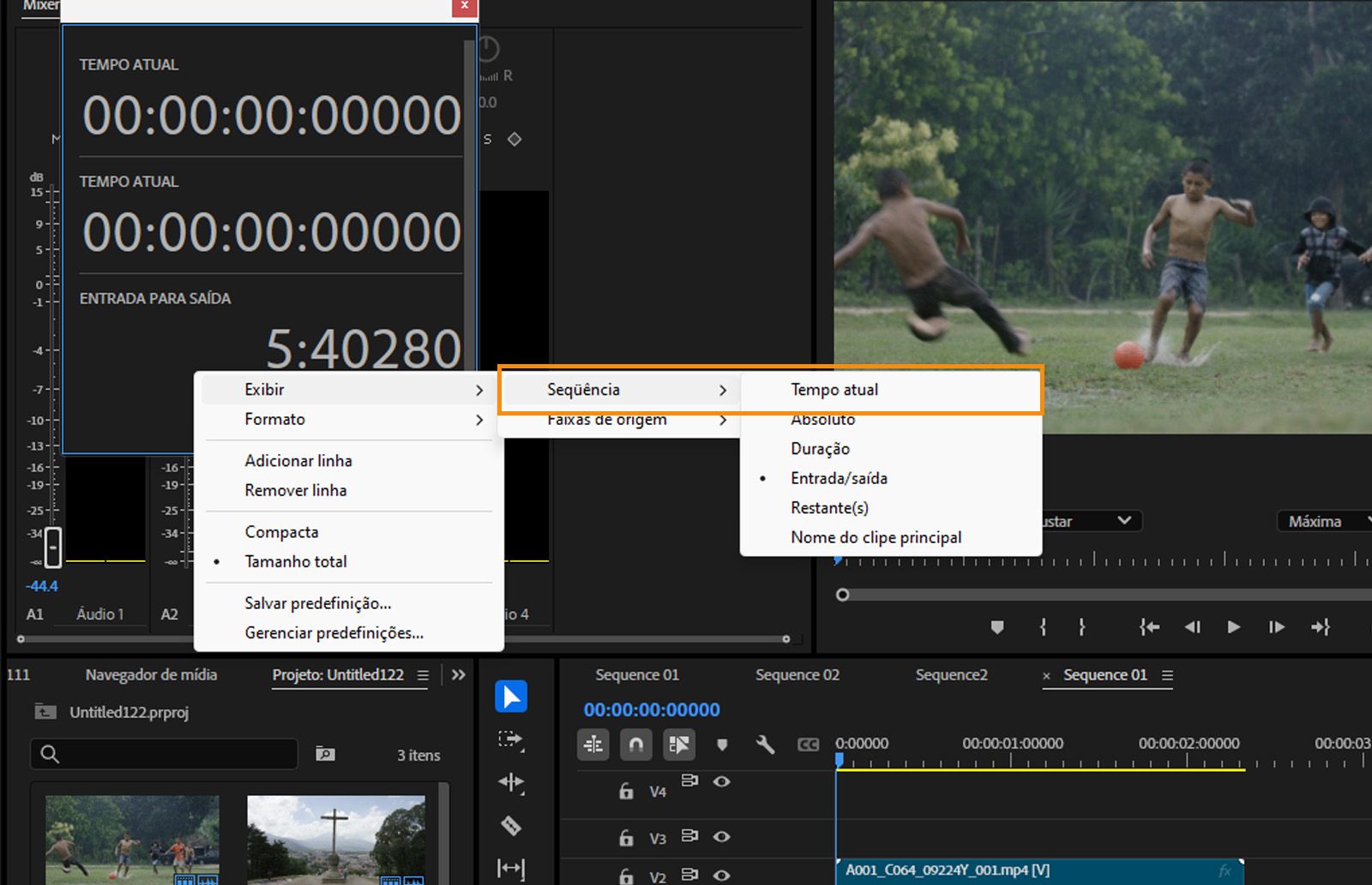 O painel Timecode aberto exibindo várias opções e o comando Hora atual selecionado. 