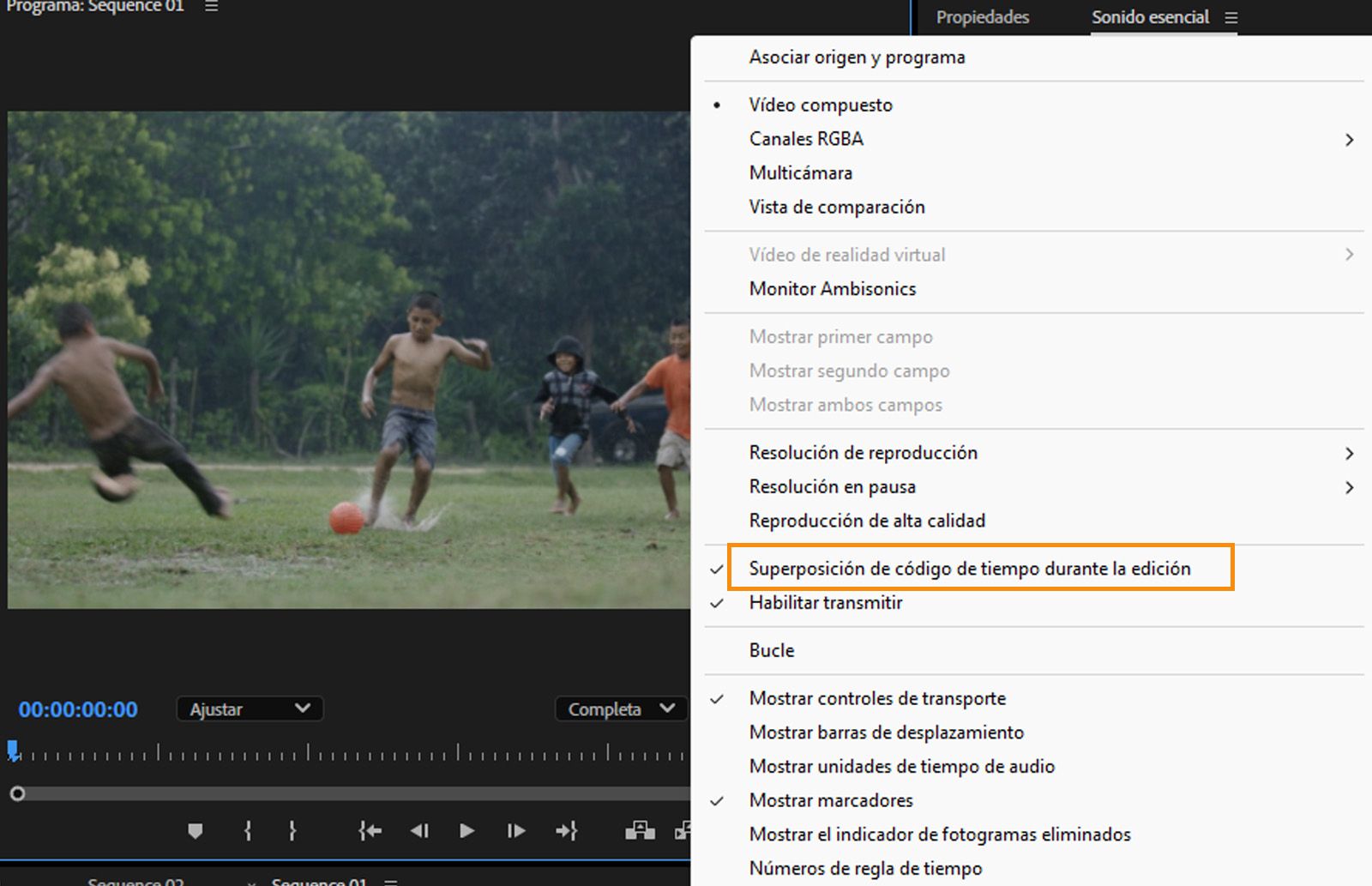 Se abre el menú Monitor de programa y se selecciona el comando de menú Seleccionar superposición de código de tiempo durante la edición.