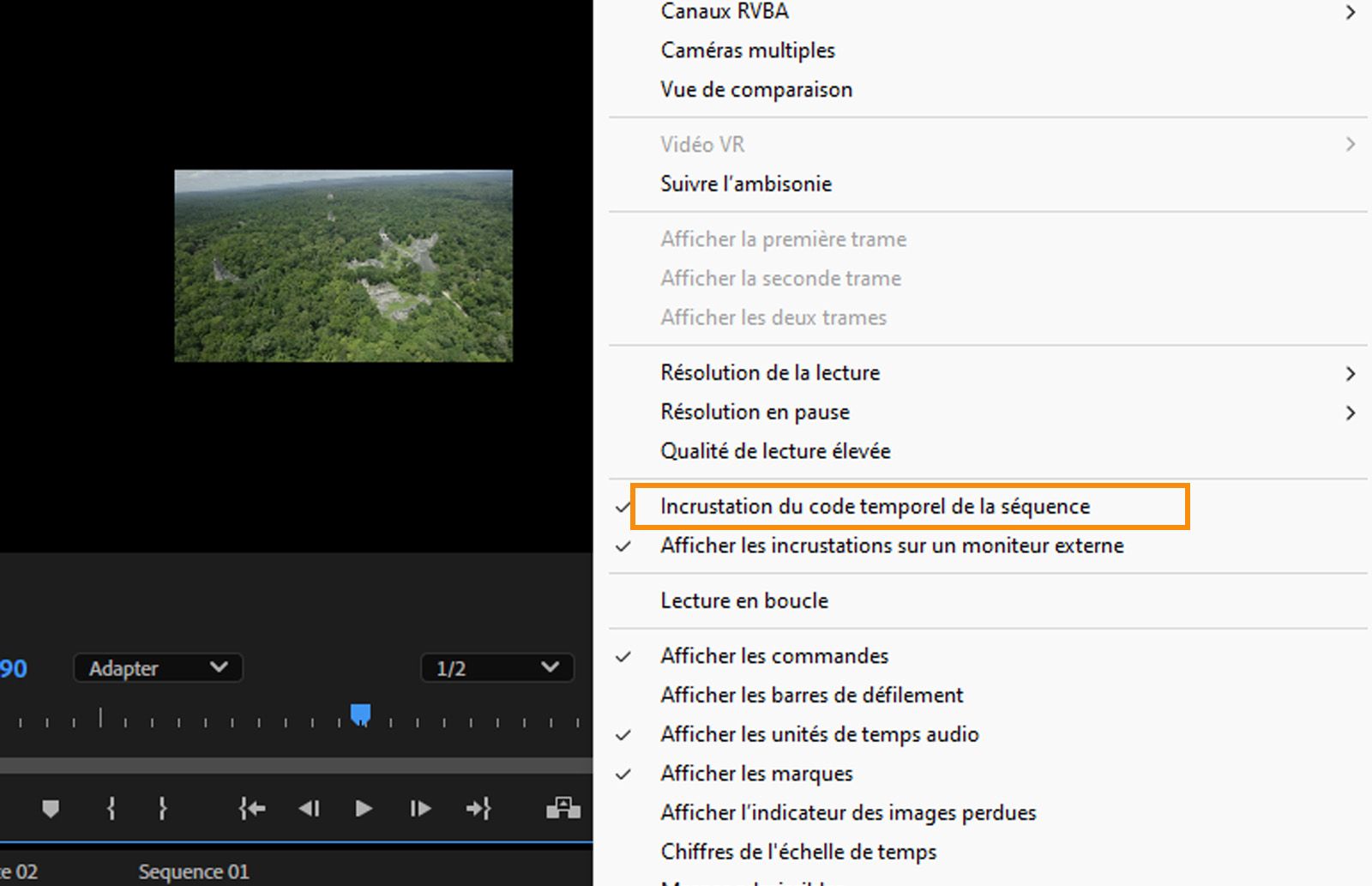 Le menu du moniteur de programme est ouvert et la commande Sélectionner l’incrustation du code temporel pendant le montage est sélectionnée.