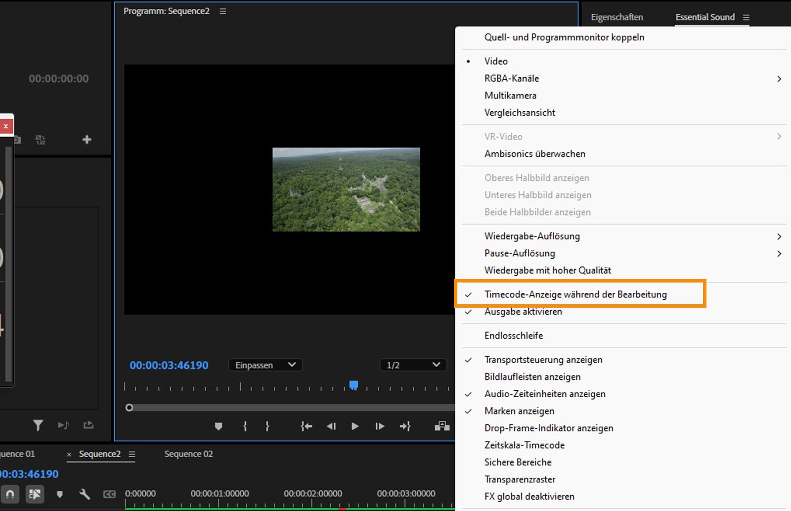 Das Menü „Programmmonitor“ ist geöffnet und der Menübefehl „Timecode-Anzeige während der Bearbeitung“ ist ausgewählt.