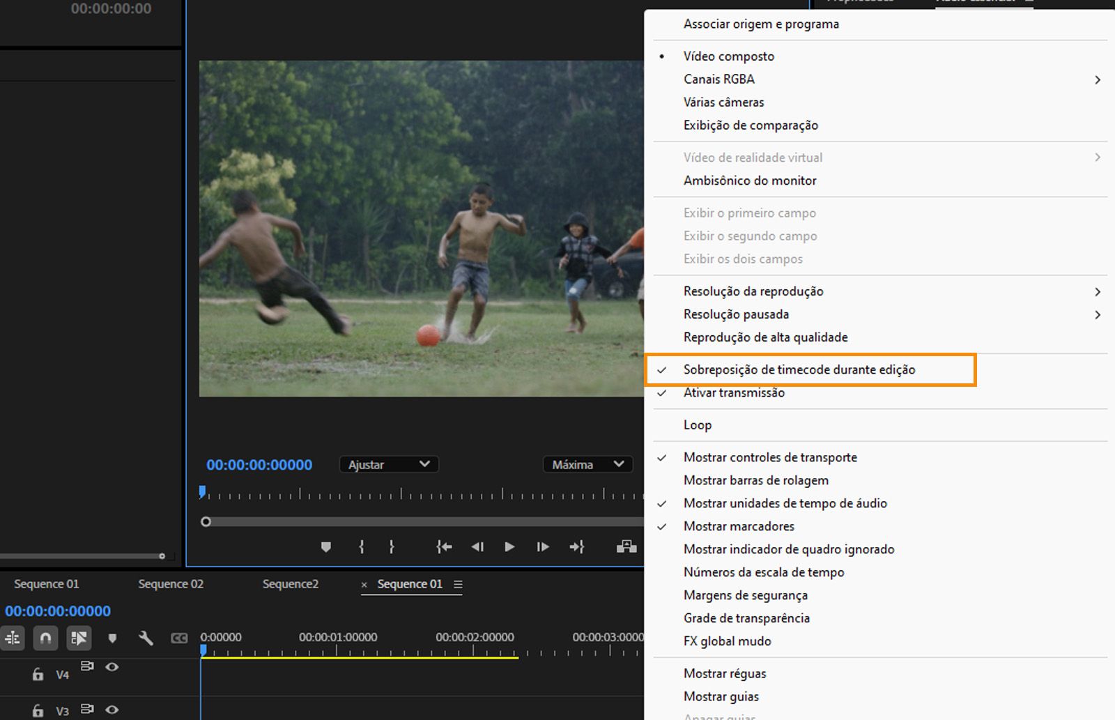 O menu Monitor de programa aberto com o comando de menu “Selecionar sobreposição de timecode durante a edição” selecionado.