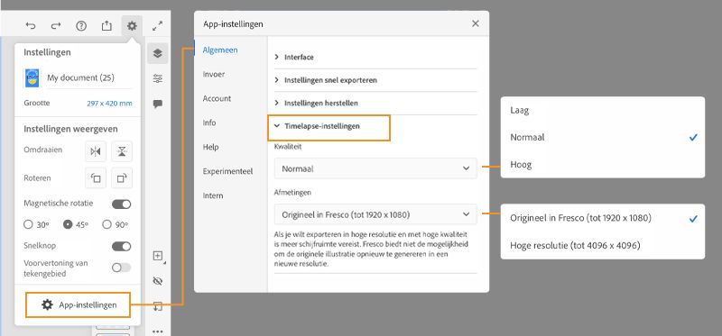 Timelapse-instellingen voor grootte en compressie
