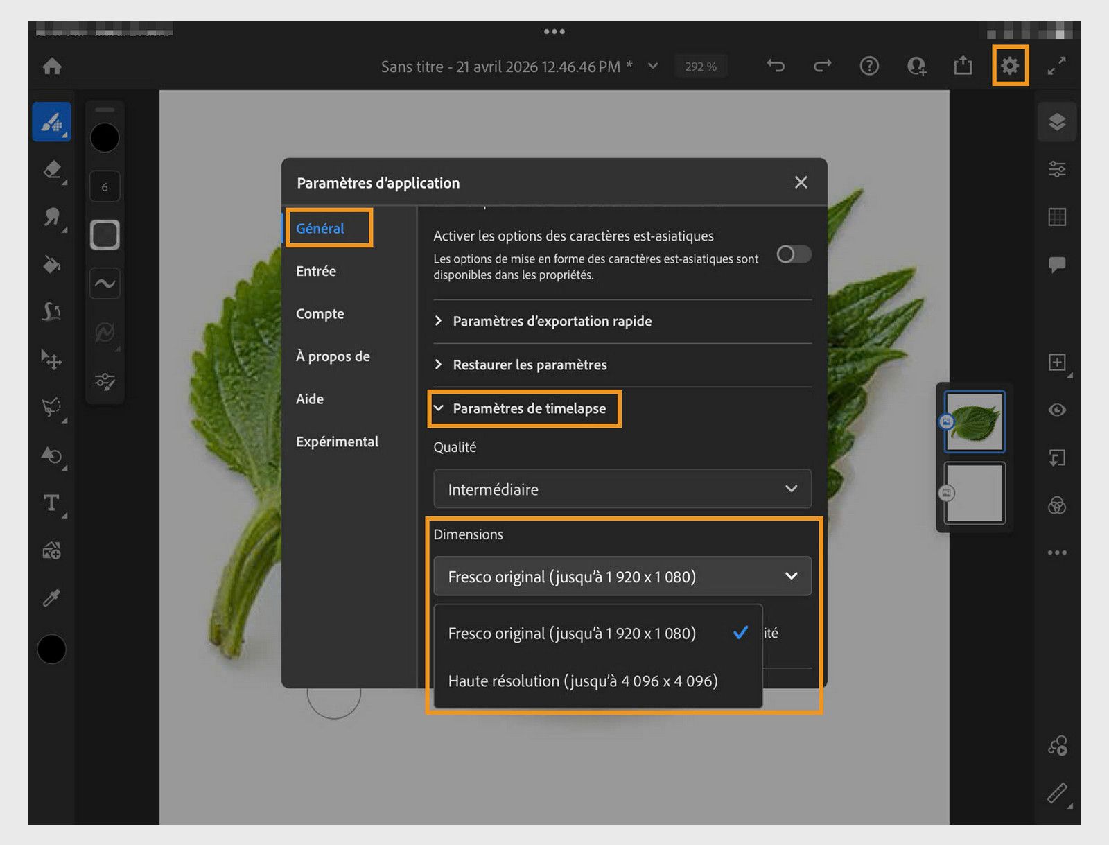 Paramètres de l'appli ouverts sur les paramètres de Timelapse, affichant les options de qualité et les choix de dimension jusqu'à la haute résolution