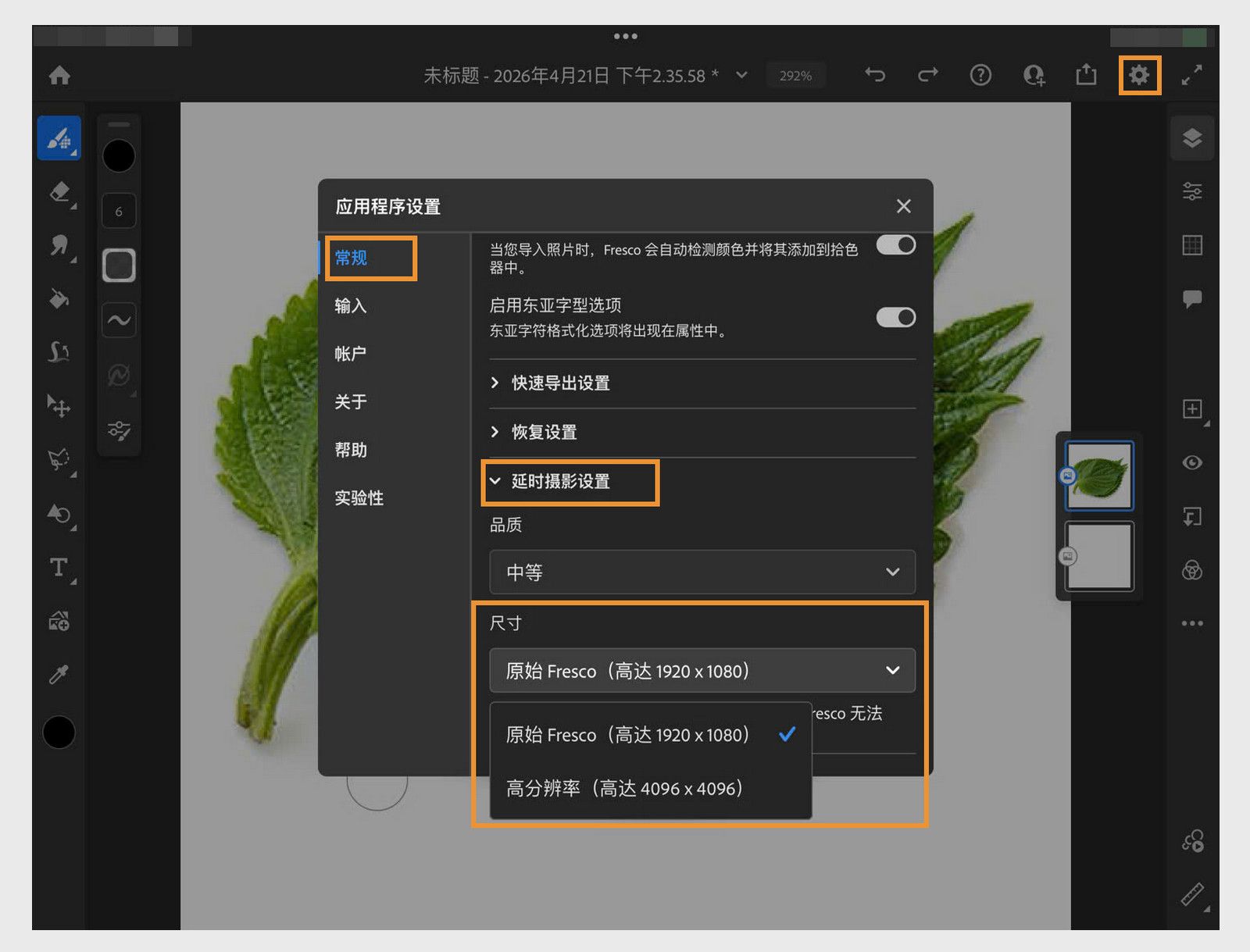 应用程序设置可打开延时拍摄设置，显示高达高分辨率的质量选项和尺寸选择